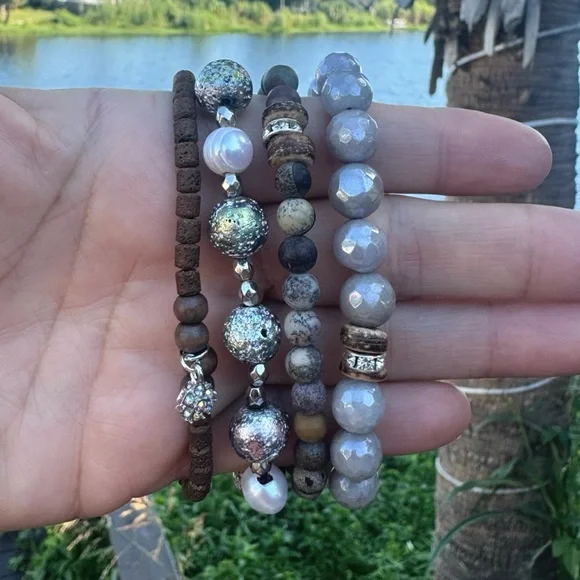 Beaded Bracelet Stack Set in Fall Colors grey brown neutrals Sparkle Accents - Picture 3 of 5